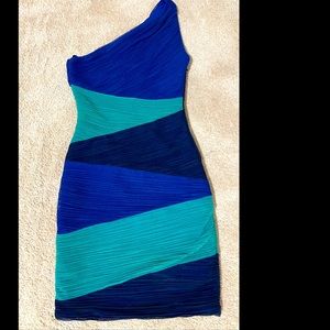 One shoulder, blue color block BCBG dress